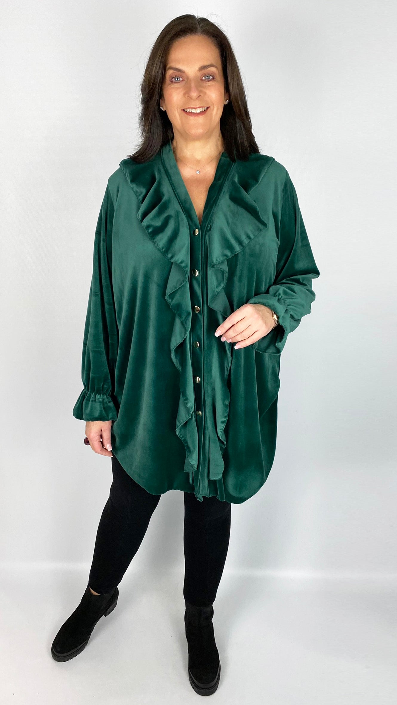 Ruffle-front velour shirt (4 Colours) - back in! Limited