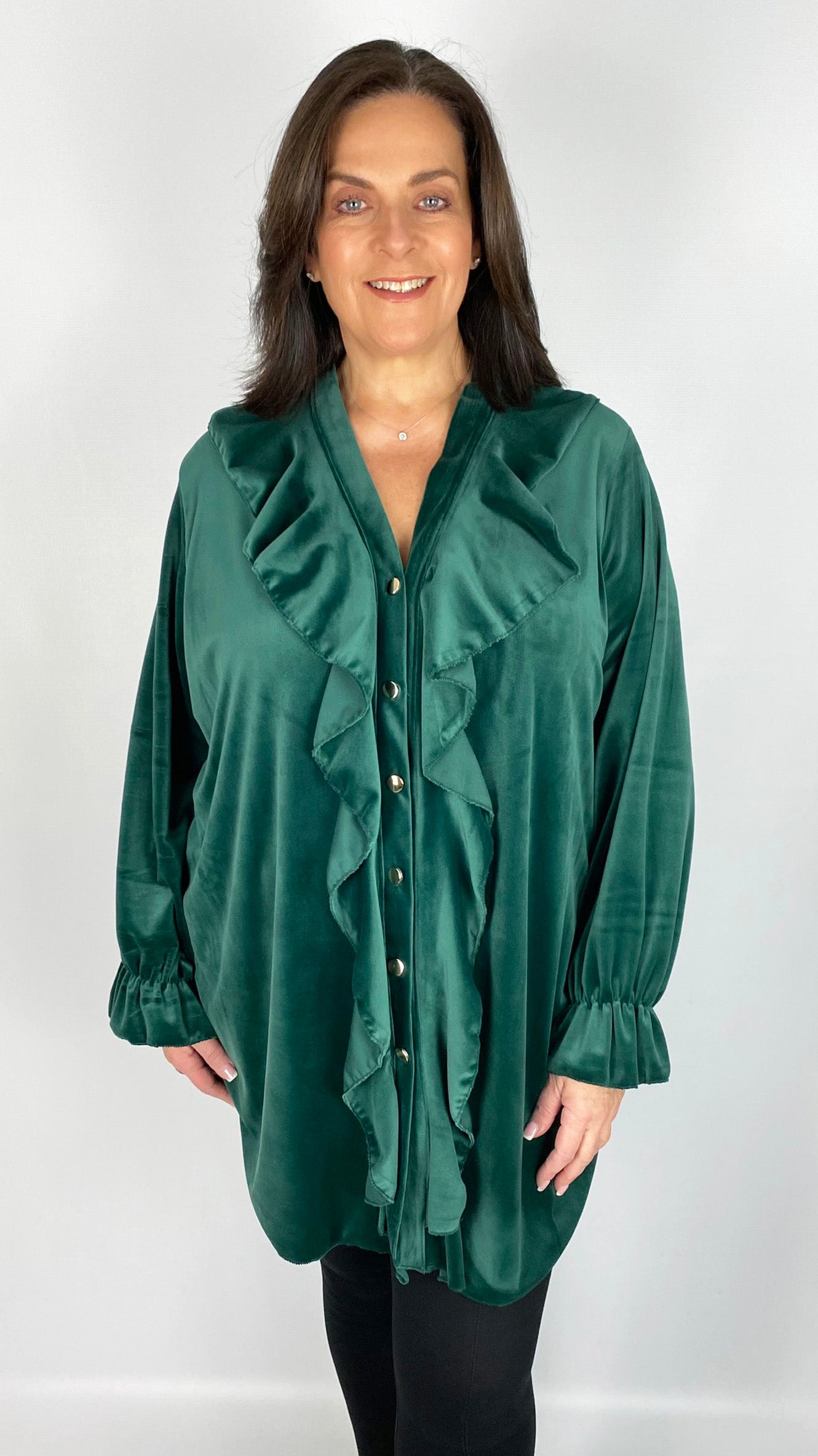 Ruffle-front velour shirt (4 Colours) - back in! Limited