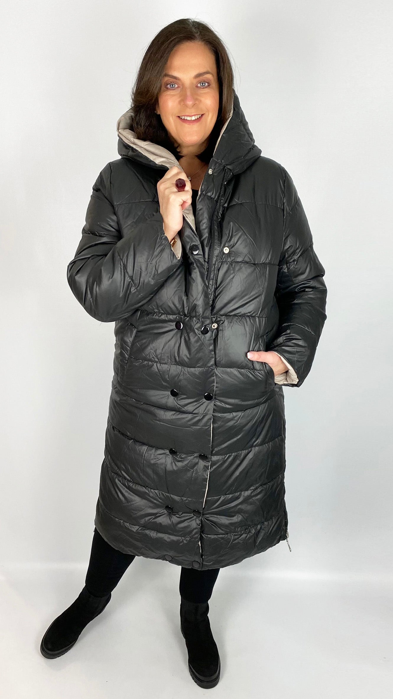 Reversible quilted long line hooded puffer coat (Black/Stone)