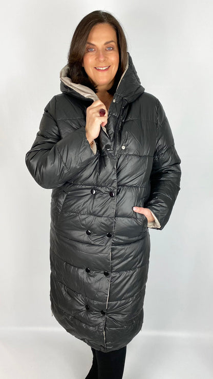 Reversible quilted long line hooded puffer coat (Black/Stone)