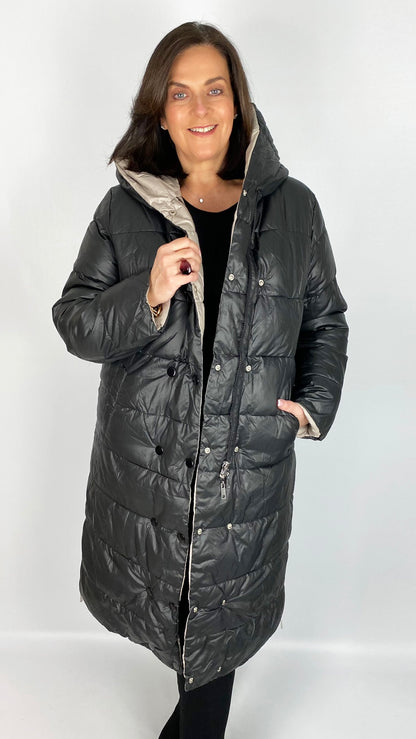 Reversible quilted long line hooded puffer coat (Black/Stone)