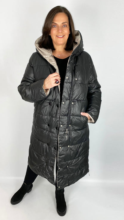 Reversible quilted long line hooded puffer coat (Black/Stone)