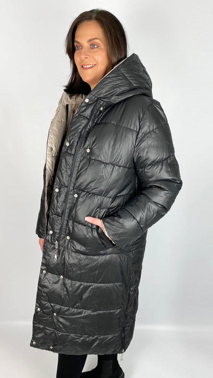 Reversible quilted long line hooded puffer coat (Black/Stone)