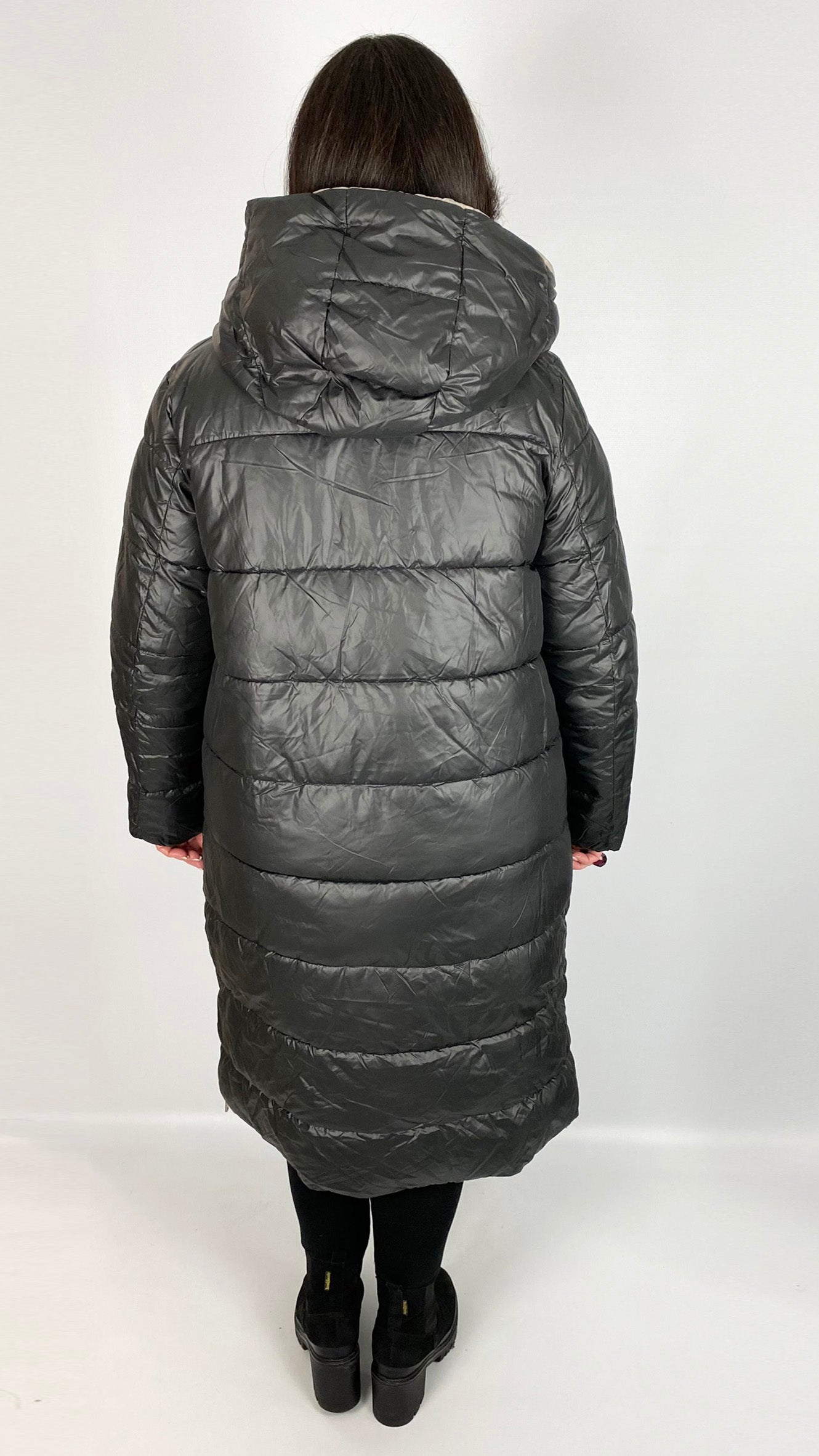 Reversible quilted long line hooded puffer coat (Black/Stone)