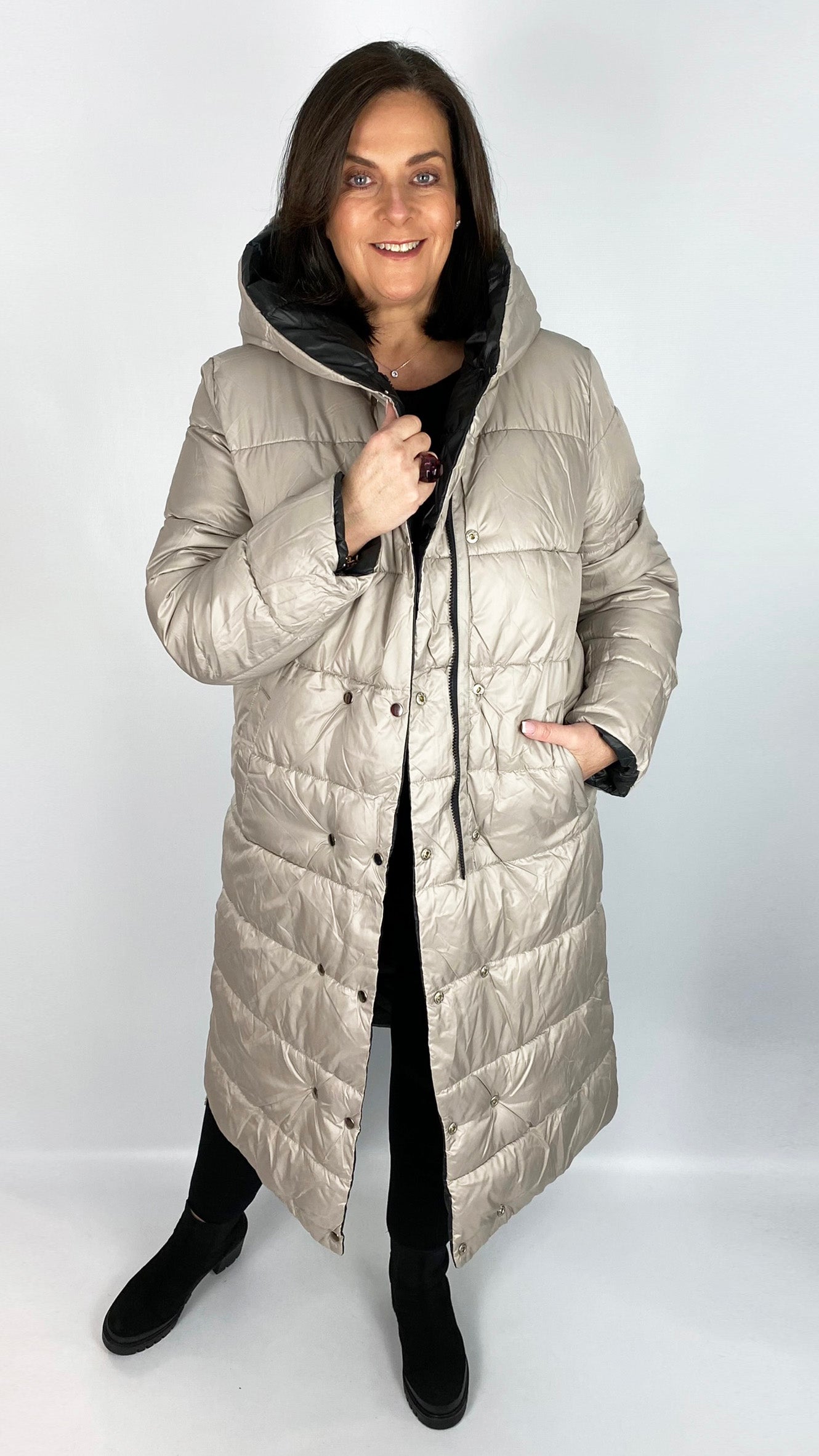 Reversible quilted long line hooded puffer coat (Black/Stone)