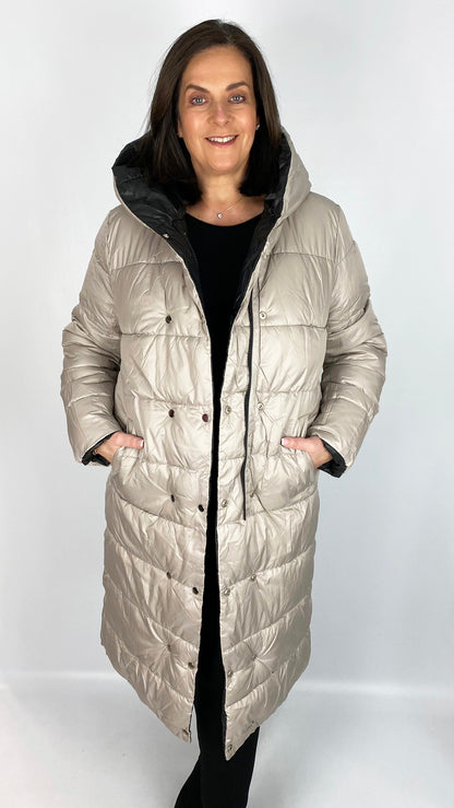 Reversible quilted long line hooded puffer coat (Black/Stone)