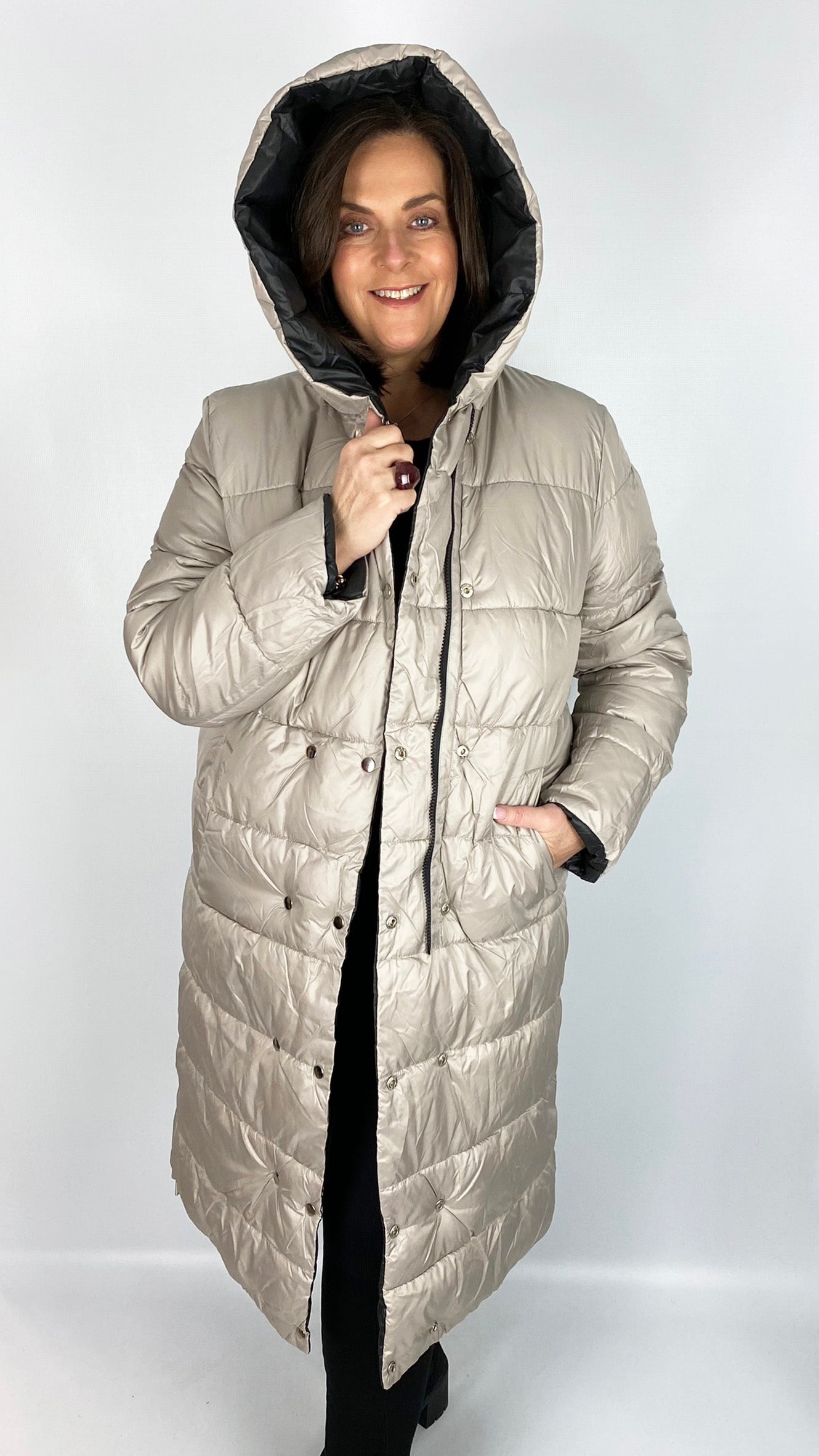 Reversible quilted long line hooded puffer coat (Black/Stone)