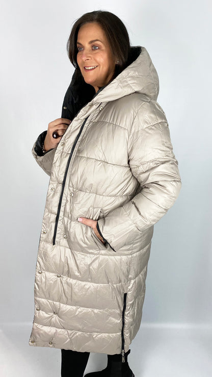 Reversible quilted long line hooded puffer coat (Black/Stone)