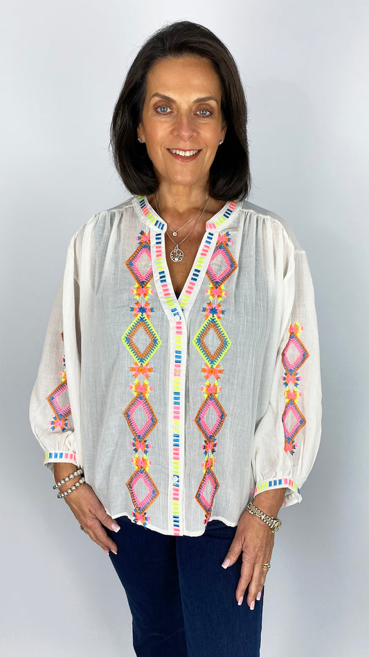 Fluro embroidered collarless v-neck blouse | White