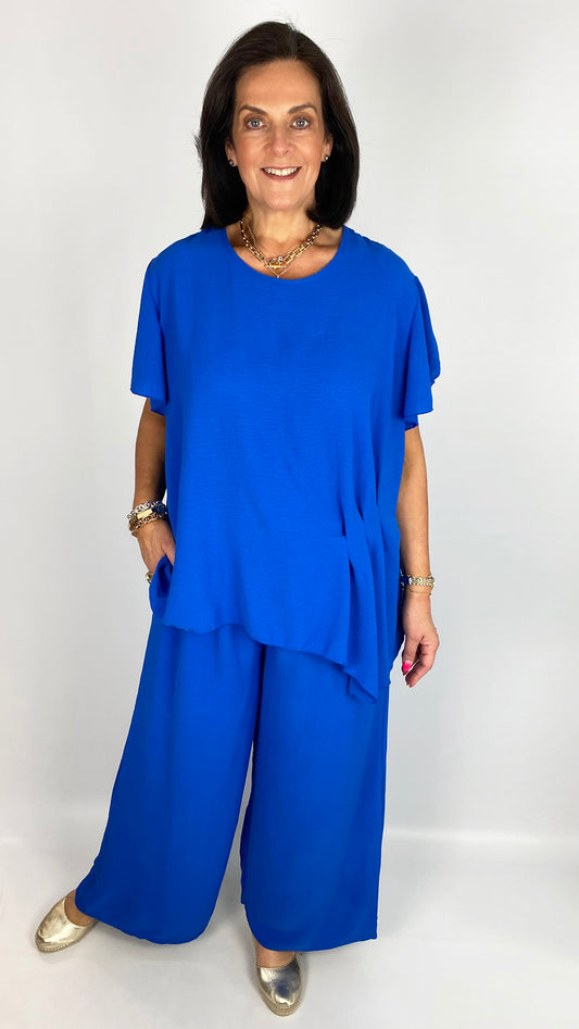 Pin-tuck detail asymmetric top & wide-leg trouser set | 3 Colours