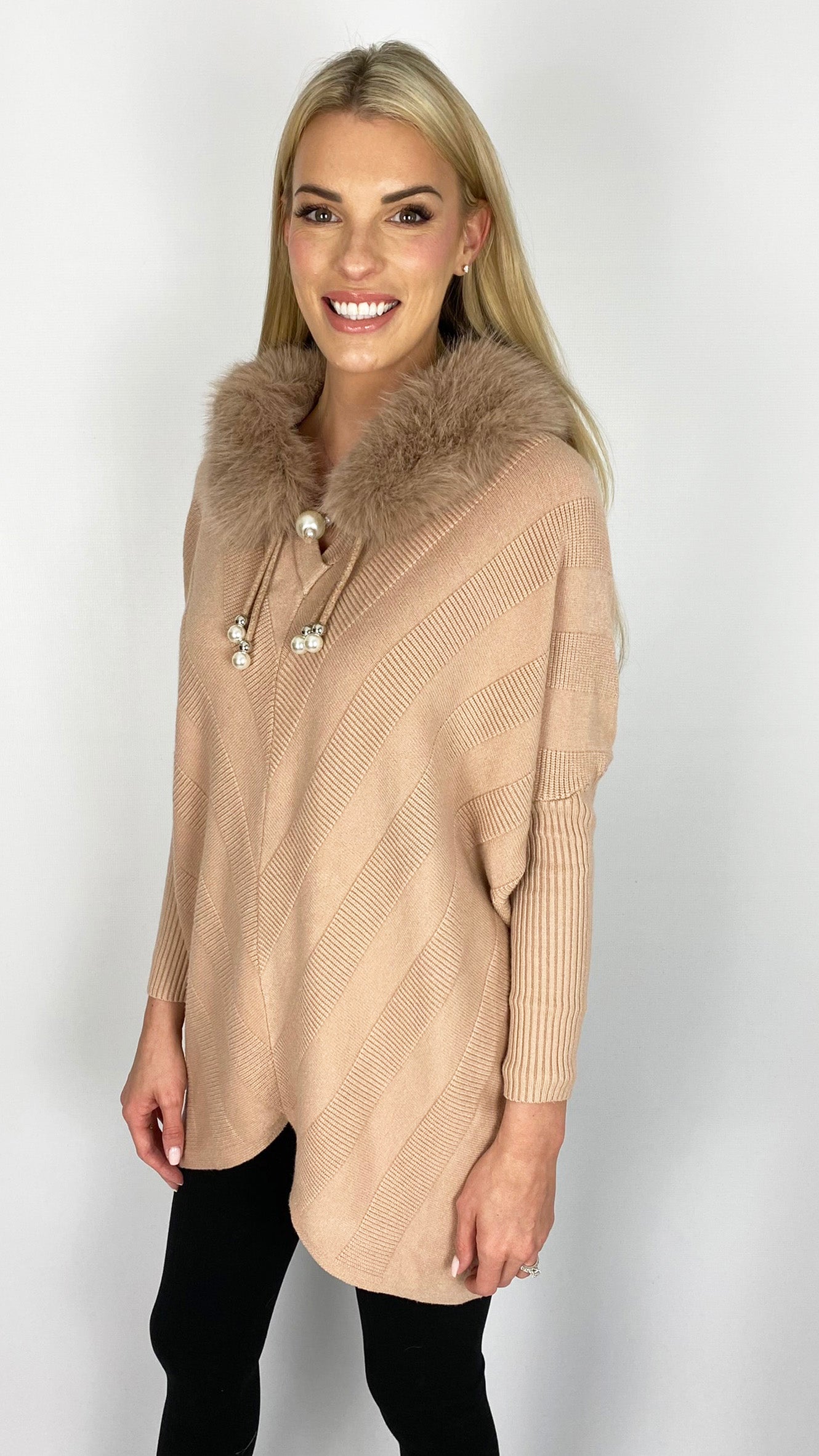 Faux fur hooded chevron jumper (2 Colours)