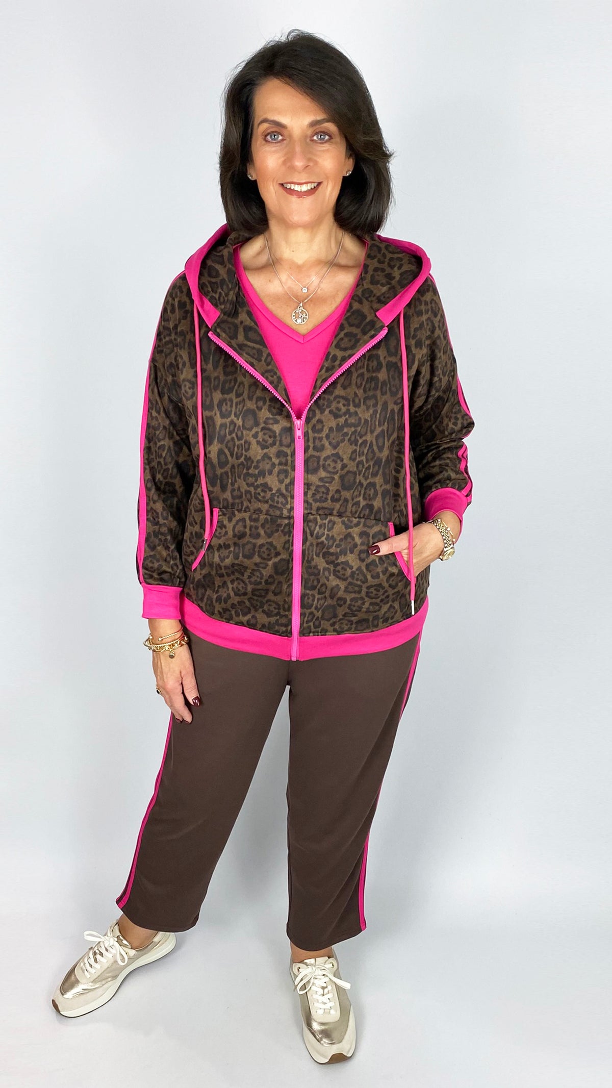 Mock suede leopard print zip-up hoodie w/ neon trim | Brown/Pink | by Malissa J