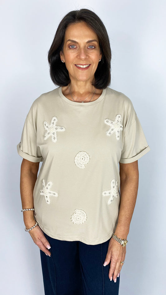 Embellished starfish & shell jersey t-shirt | 2 Colours | by Malissa J