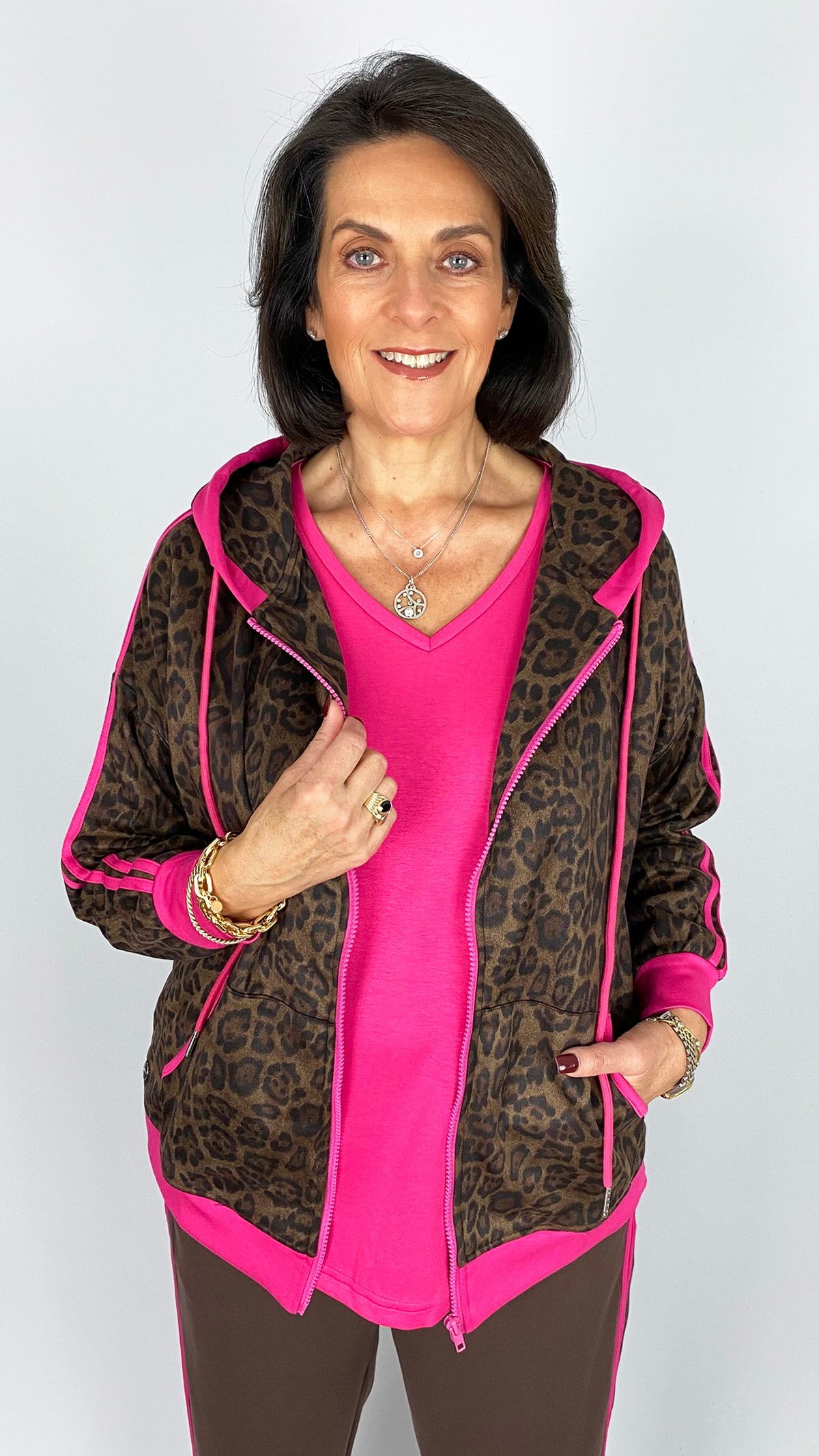 Mock suede leopard print zip-up hoodie w/ neon trim | Brown/Pink | by Malissa J