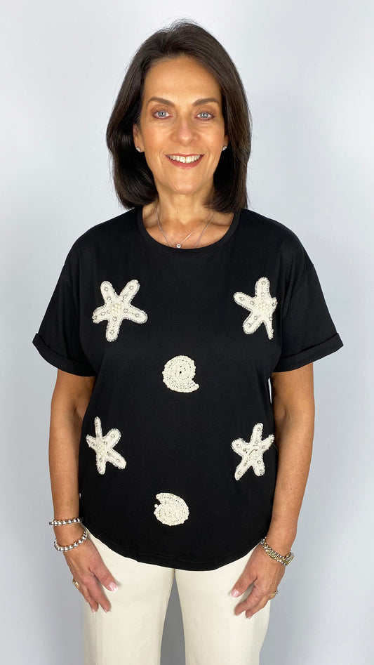 Embellished starfish & shell jersey t-shirt | 2 Colours | by Malissa J