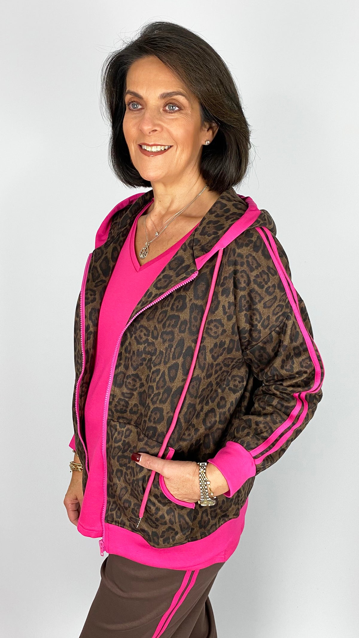 Mock suede leopard print zip-up hoodie w/ neon trim | Brown/Pink | by Malissa J