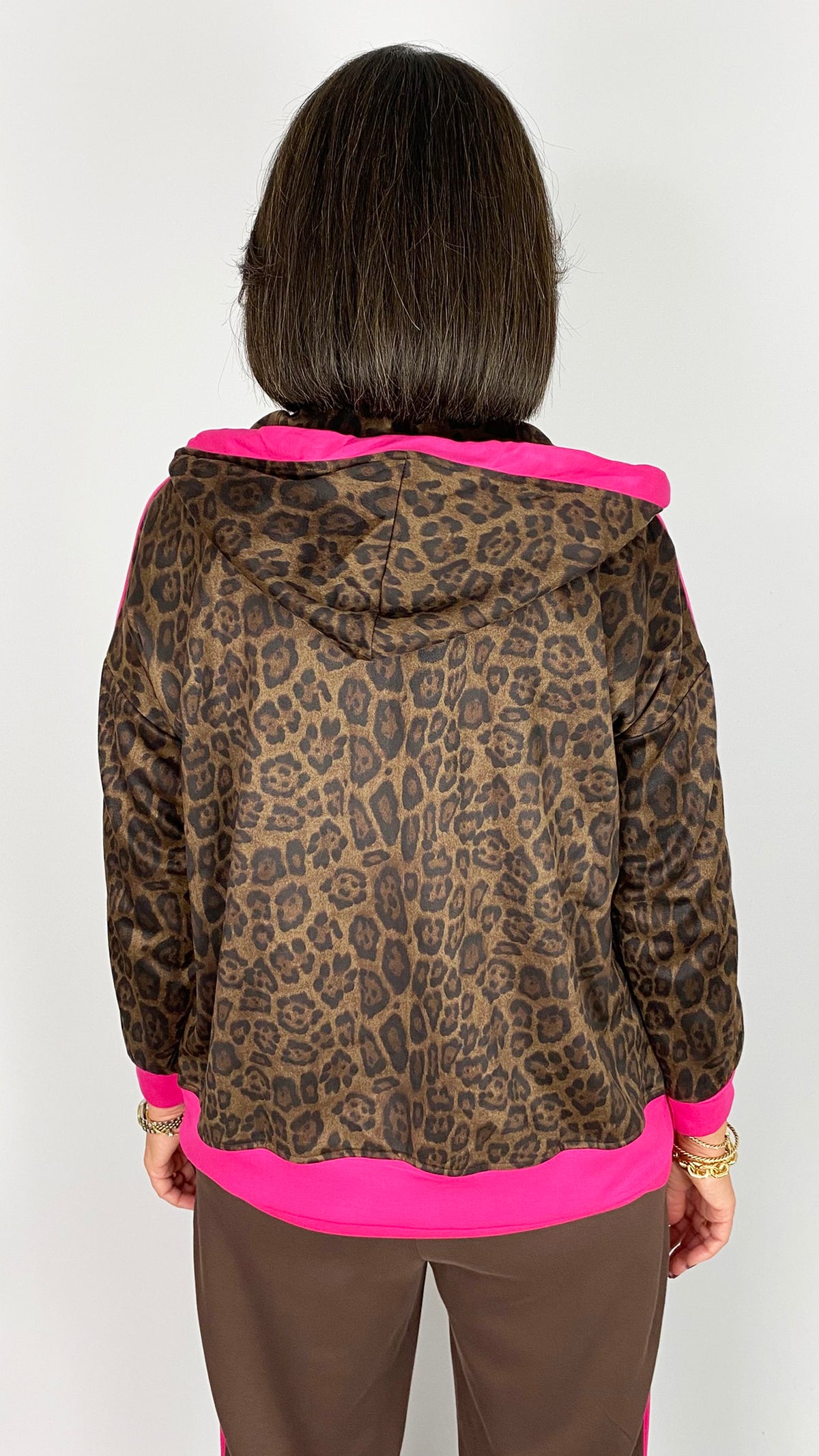 Mock suede leopard print zip-up hoodie w/ neon trim | Brown/Pink | by Malissa J