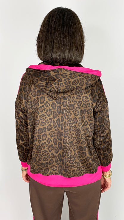 Mock suede leopard print zip-up hoodie w/ neon trim | Brown/Pink | by Malissa J
