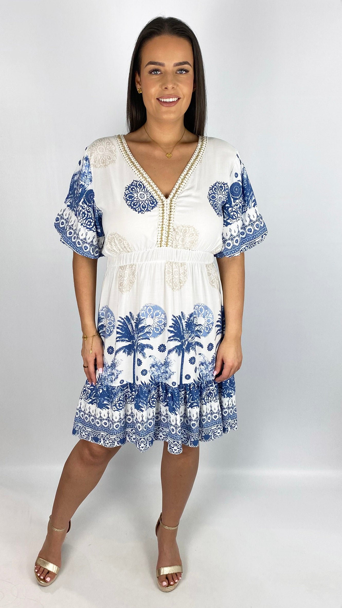 Braided v-neck print puff-sleeve dress | 3 Colours | last 1