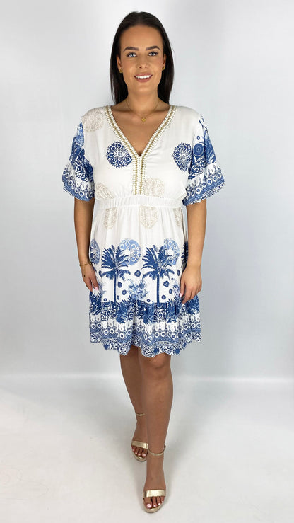 Braided v-neck print puff-sleeve dress | 3 Colours | last 1