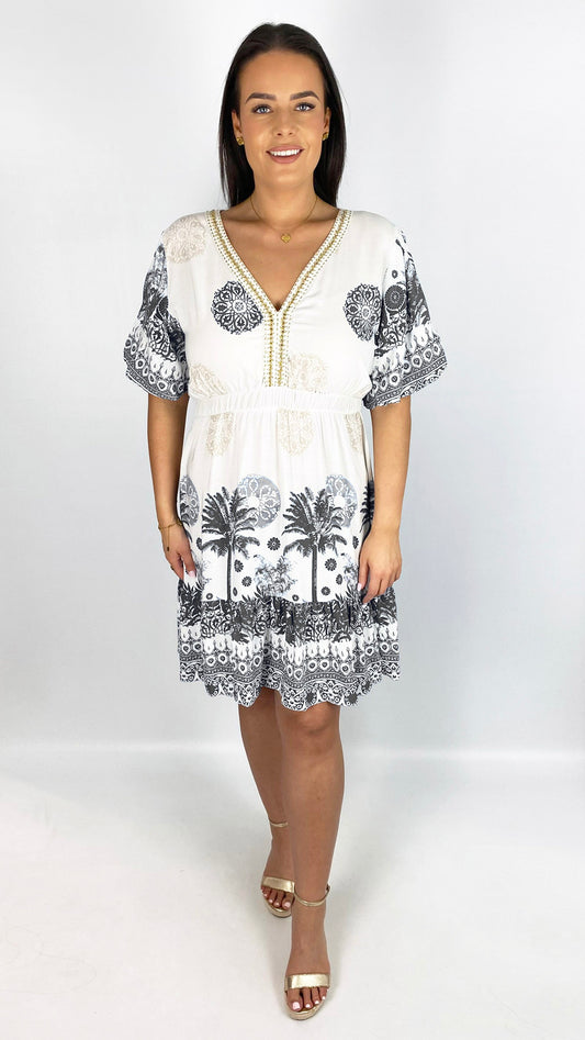 Braided v-neck print puff-sleeve dress | 3 Colours