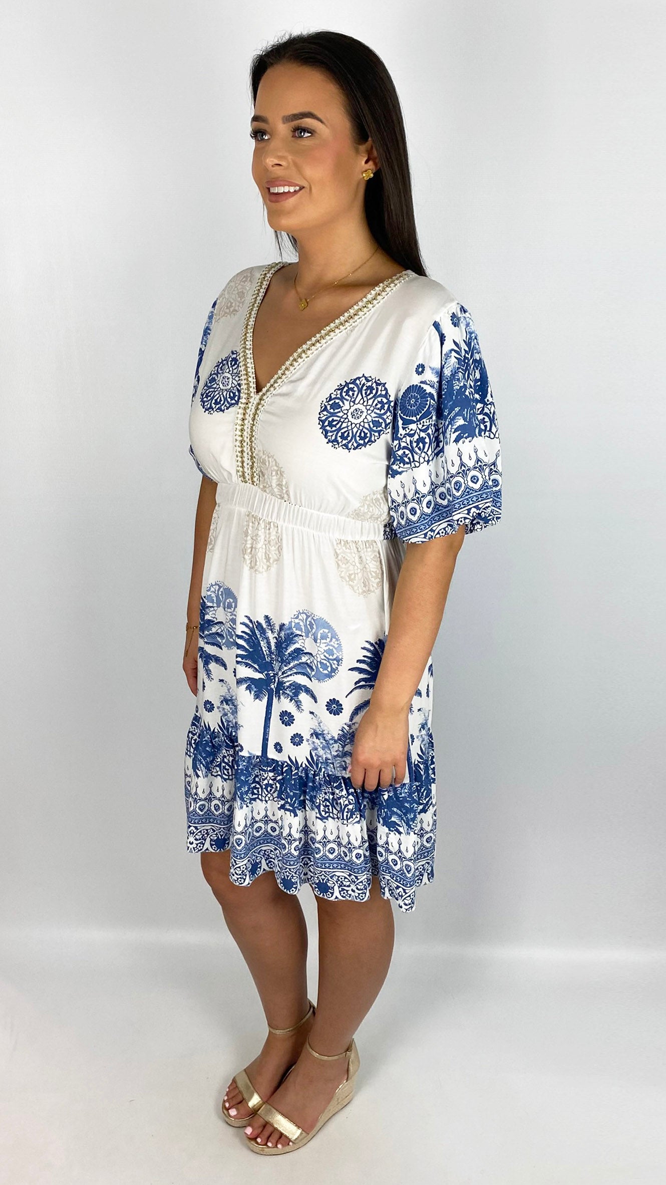 Braided v-neck print puff-sleeve dress | 3 Colours | last 1