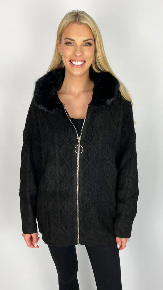 Faux fur hooded cable detail zip-up cardigan (2 Colours)