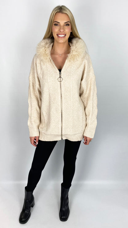 Faux fur hooded cable detail zip-up cardigan (2 Colours)