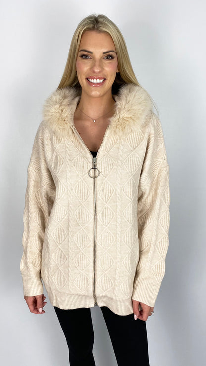 Faux fur hooded cable detail zip-up cardigan (2 Colours)