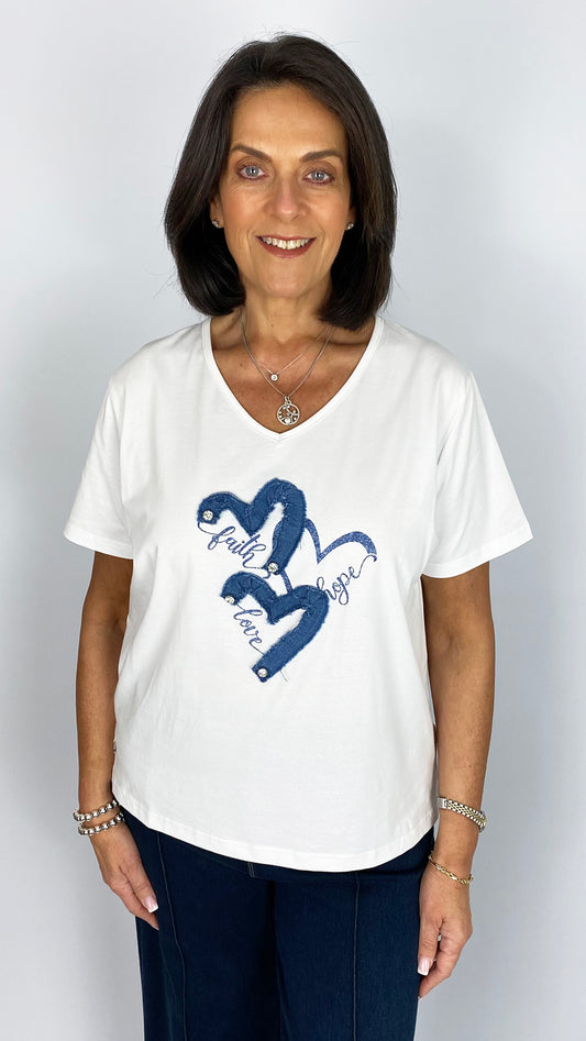 Denim motif v-neck jersey t-shirt | White | by Malissa J