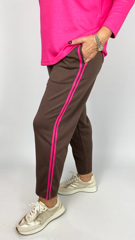 Tapered leg stripe jersey pull-on pants | Chocolate/Hot Pink | by Malissa J