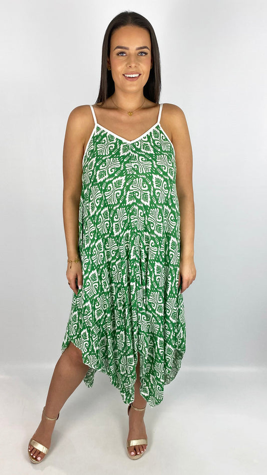 Handkerchief hem print strappy dress | 3 Colours | last 1s