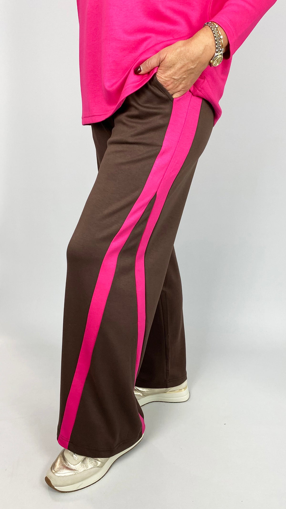 Stripe jersey wide-leg pull-on pants | Chocolate/Hot Pink | by Malissa J