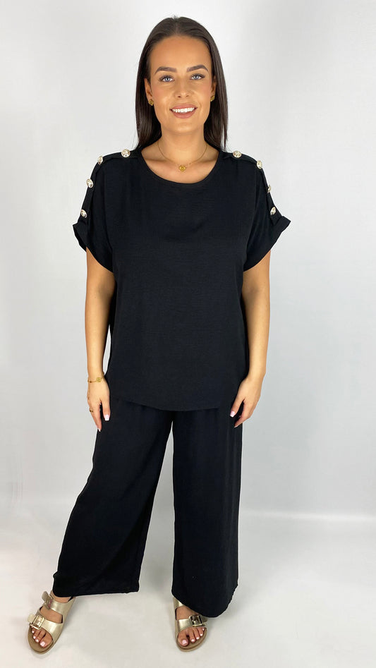 Gold button detail top & wide-leg trouser set | 4 Colours
