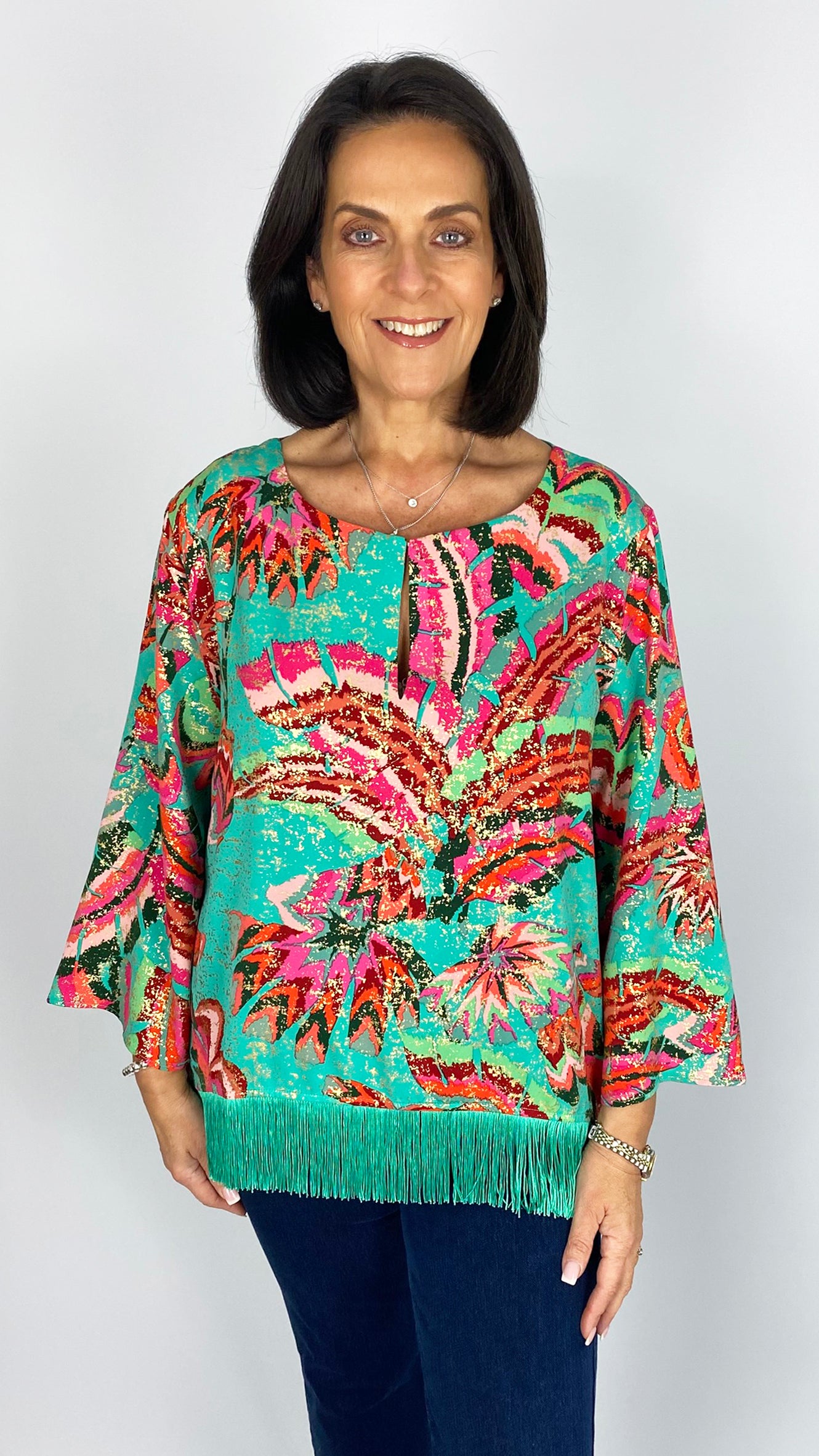 Tassel trim hem print top | Green Multi | 2 Sizes | by Malissa J