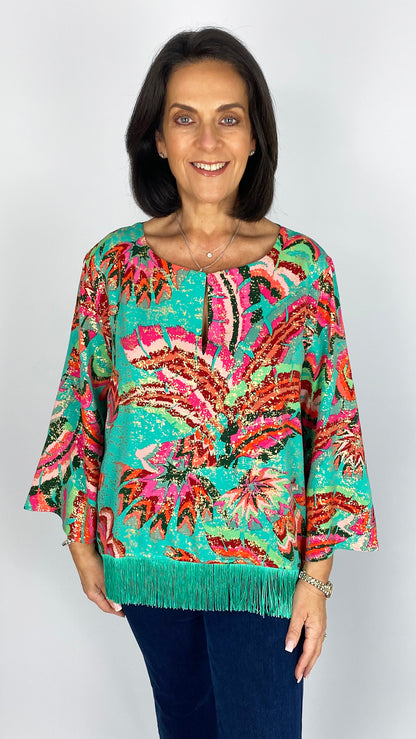 Tassel trim hem print top | Green Multi | 2 Sizes | by Malissa J