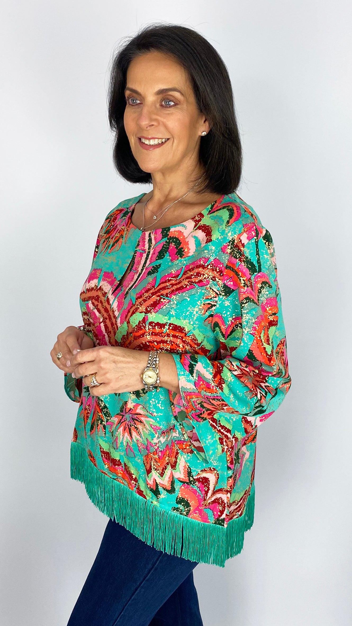 Tassel trim hem print top | Green Multi | 2 Sizes | by Malissa J