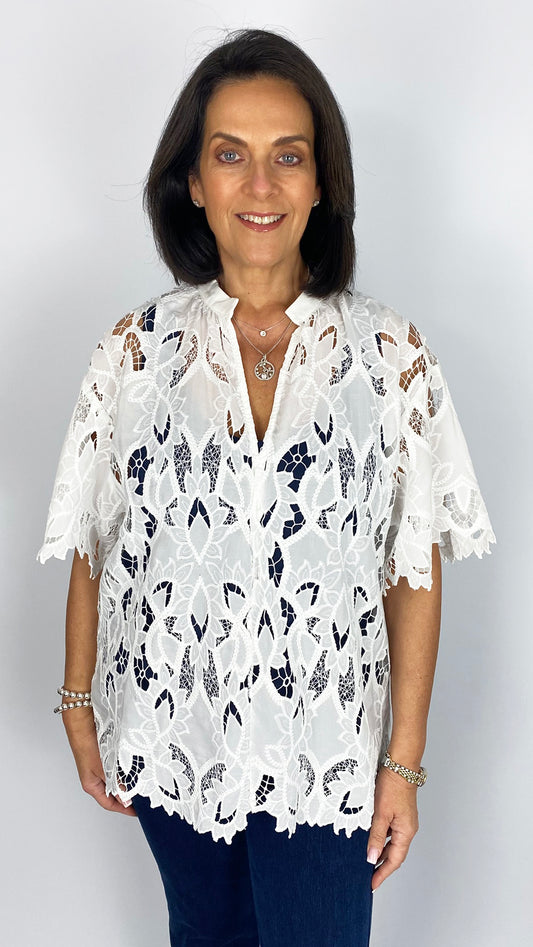 Broderie anglais notch v-neck top | White | 2 Sizes | by Malissa J