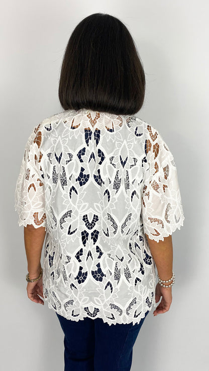 Broderie anglais notch v-neck top | White | 2 Sizes | by Malissa J