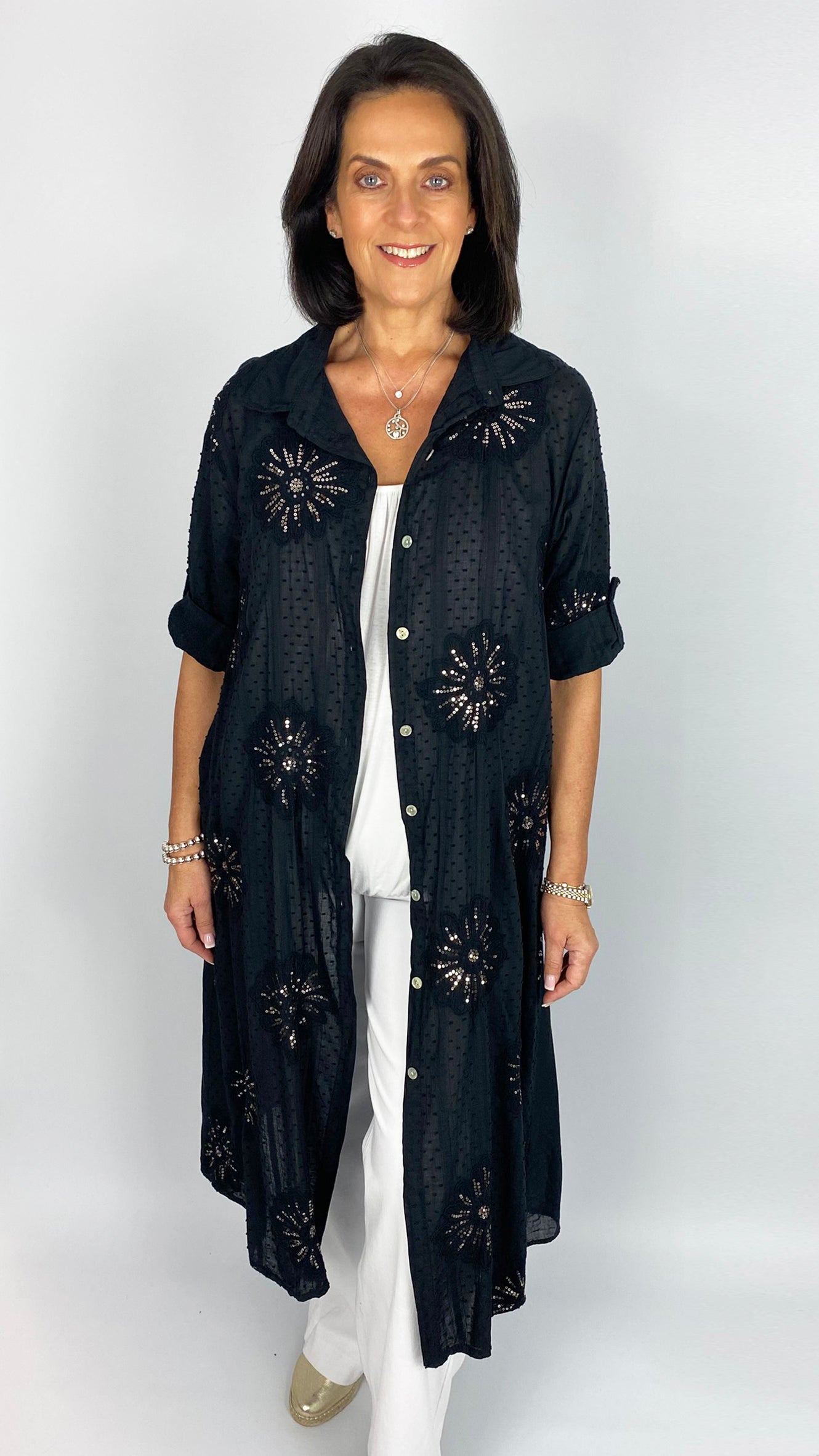 Sequin motif button-through pocket shirtdress | 6 Colours