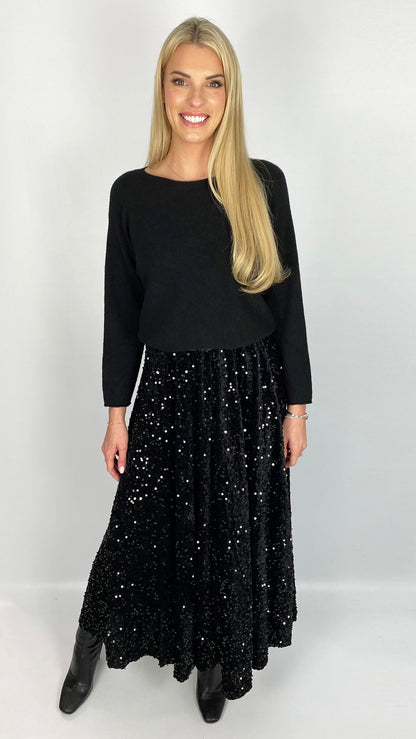 Velvet & sequin a-line skirt (Black)