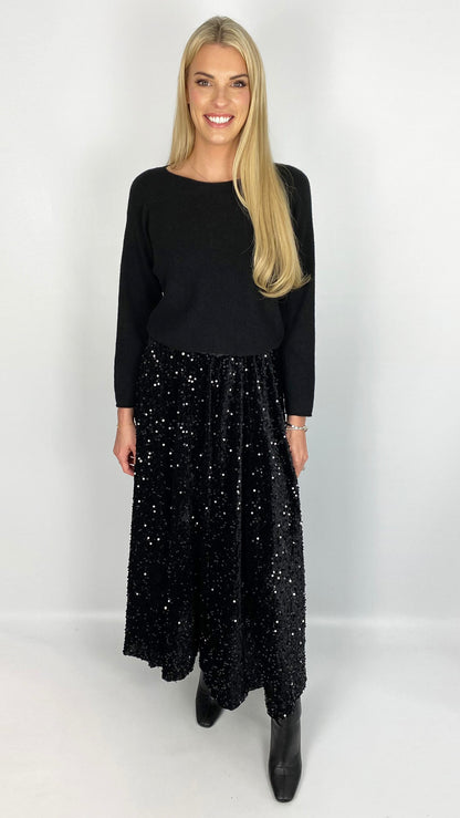 Velvet & sequin a-line skirt (Black)