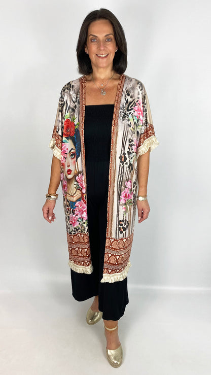 Crease-free fringe trimmed print longline kimono | Cream