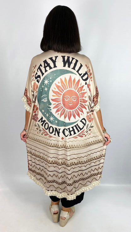 Crease-free fringe trimmed print longline kimono | Cream
