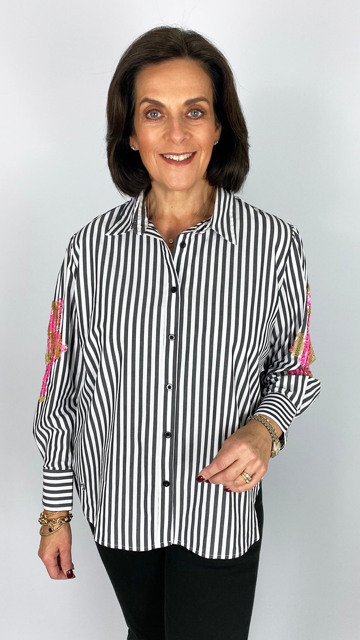 Embellished sleeve stripe shirt | Black/White | 2 Sizes | by Malissa J
