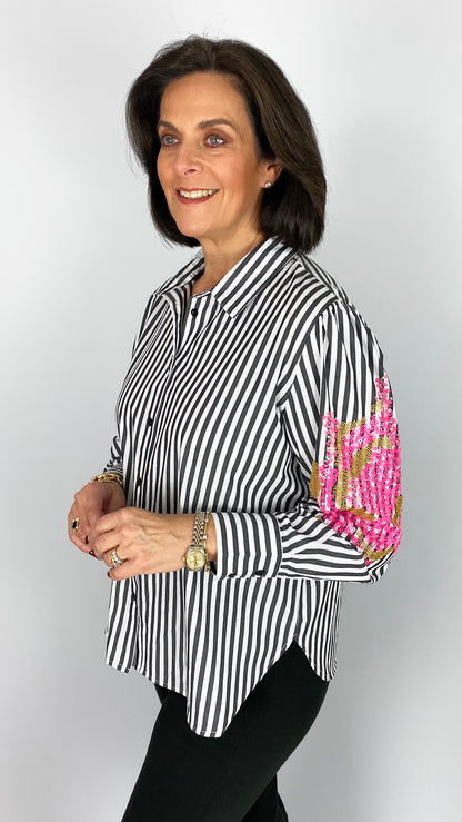Embellished sleeve stripe shirt | Black/White | 2 Sizes | by Malissa J