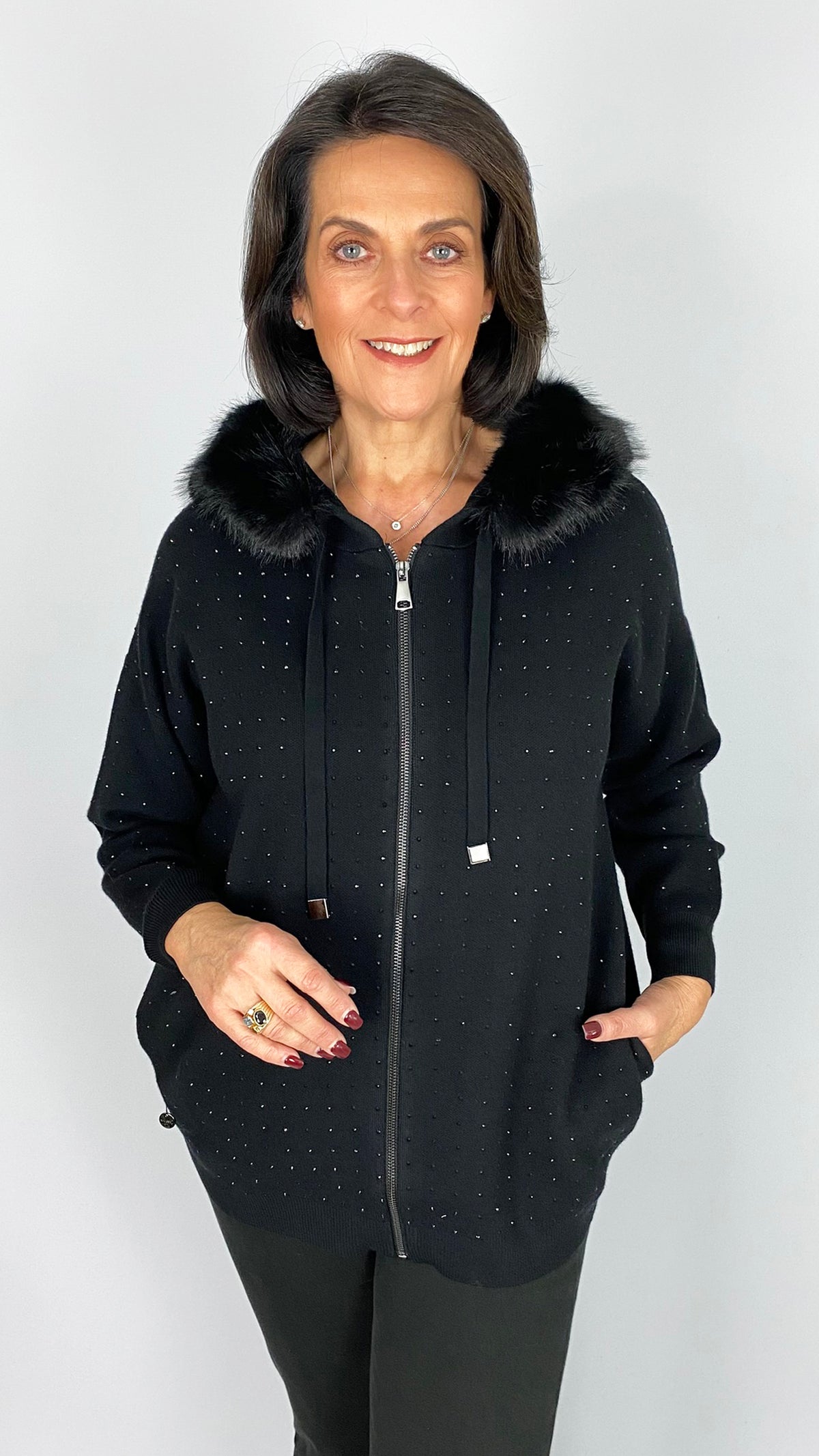 Studded zip-through knitted hoodie w/ faux fur trim | Black | by Malissa J