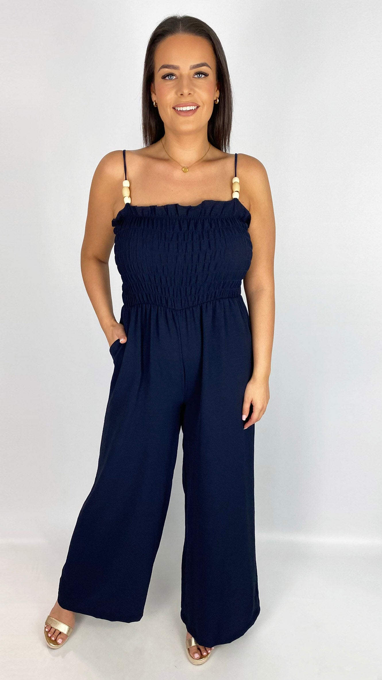 Beaded strap shirred wide-leg jumpsuit | 3 Colours
