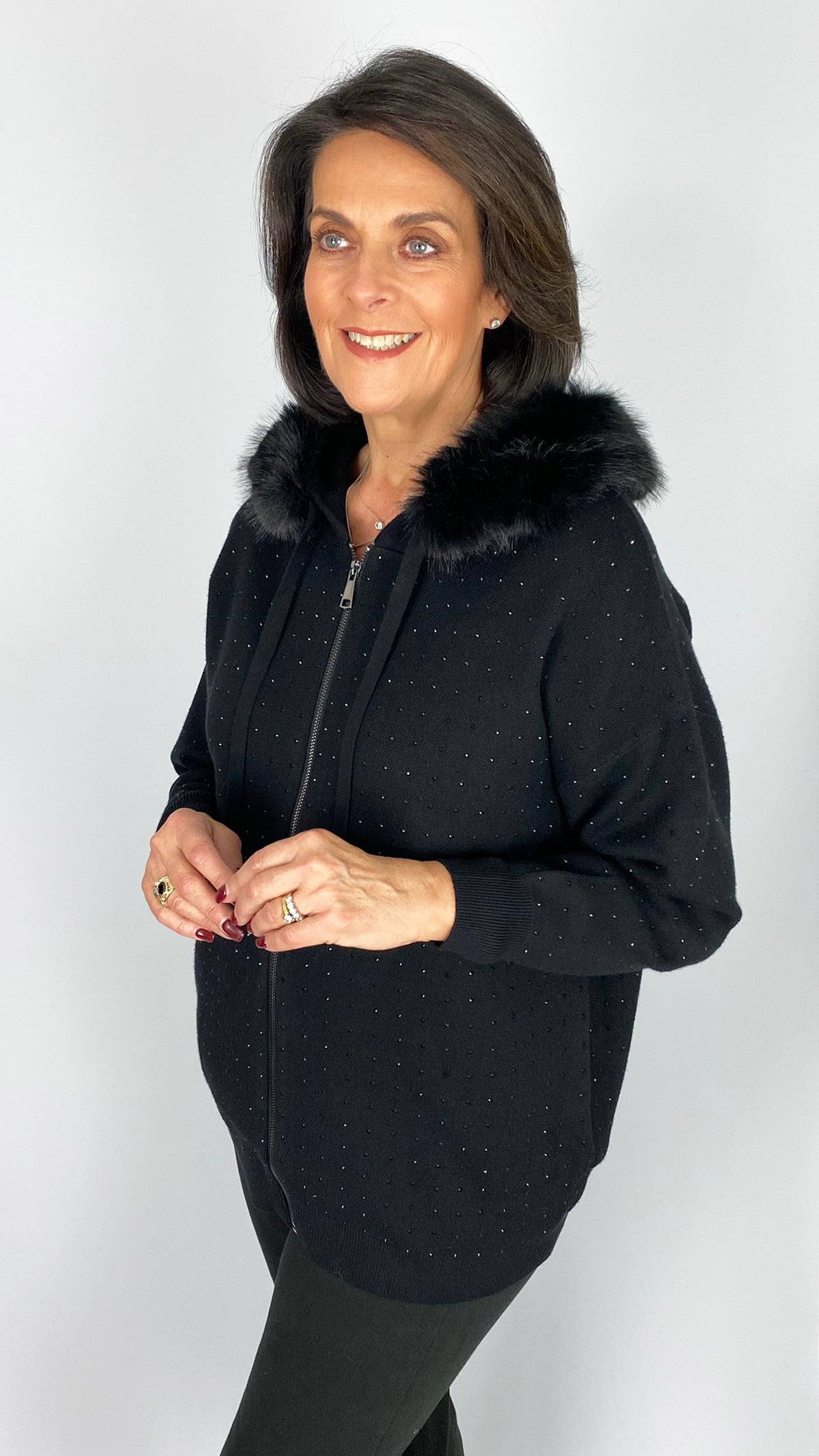 Studded zip-through knitted hoodie w/ faux fur trim | Black | by Malissa J