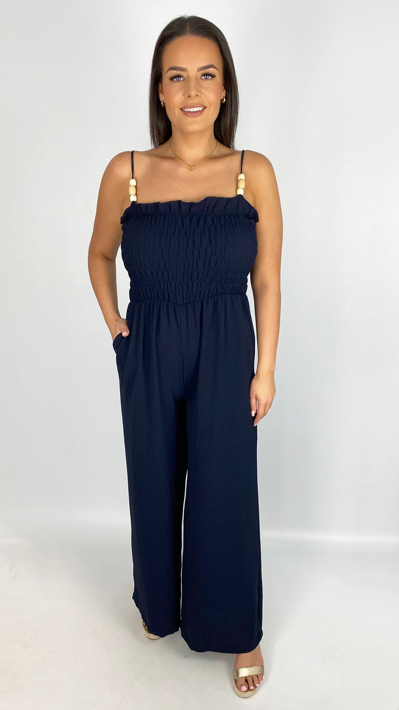 Beaded strap shirred wide-leg jumpsuit | 3 Colours